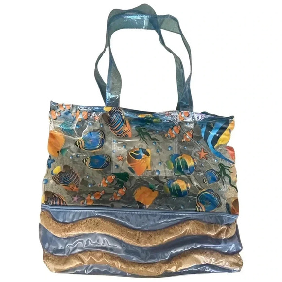 Clear Fish Print Beach Tote w/ Sand Wave Bottom - Picture 2 of 11